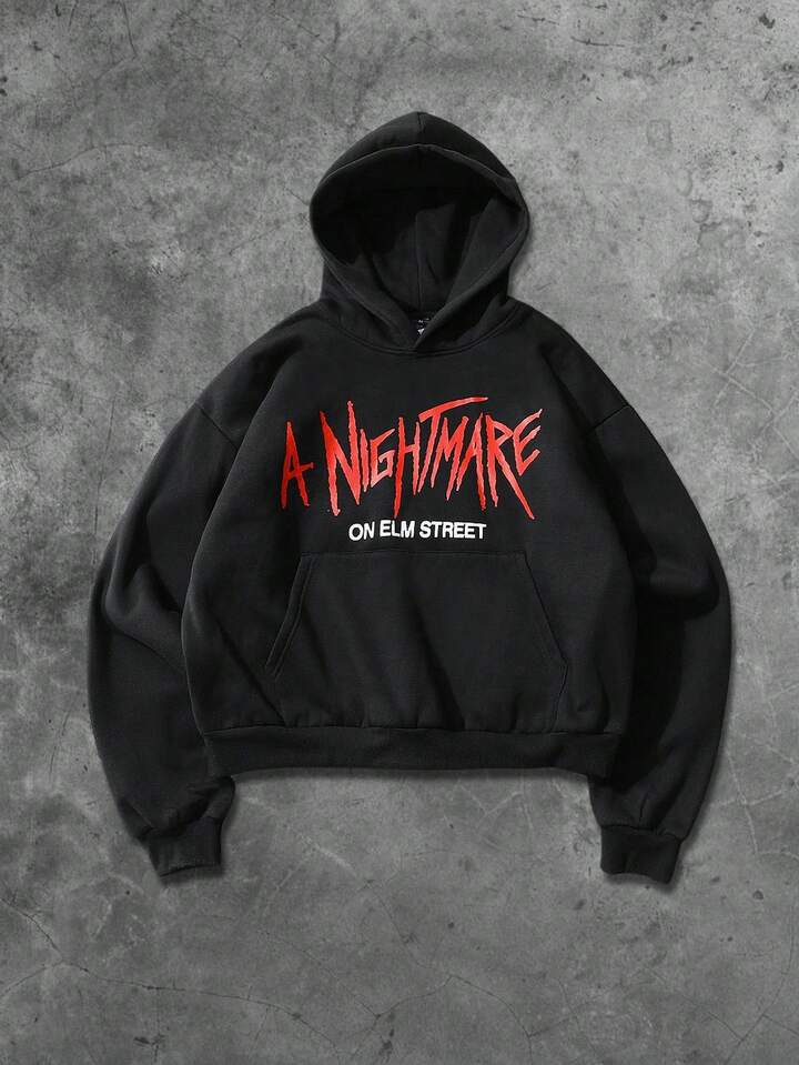 A Nightmare on Elm Street X ROMWE Men's Slogan Graphic Drop Shoulder Oversize Hoodie, Suitable For Autumn/Winter