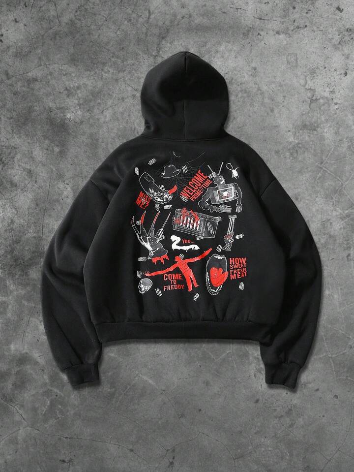 A Nightmare on Elm Street X ROMWE Men's Slogan Graphic Drop Shoulder Oversize Hoodie, Suitable For Autumn/Winter