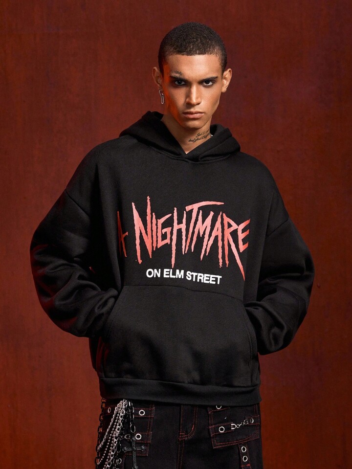A Nightmare on Elm Street X ROMWE Men's Slogan Graphic Drop Shoulder Oversize Hoodie, Suitable For Autumn/Winter