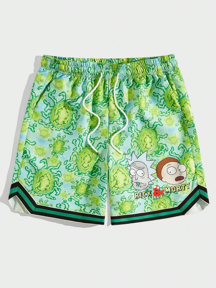 Rick and Morty | ROMWE Men Cartoon Graphic Drawstring Waist Basketball Shorts, School