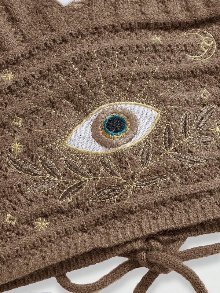 Boho Summer Women Hippie Vacation Style Eye, Moon & Star Embroidery Blue-Green Women Beaded Knit Top