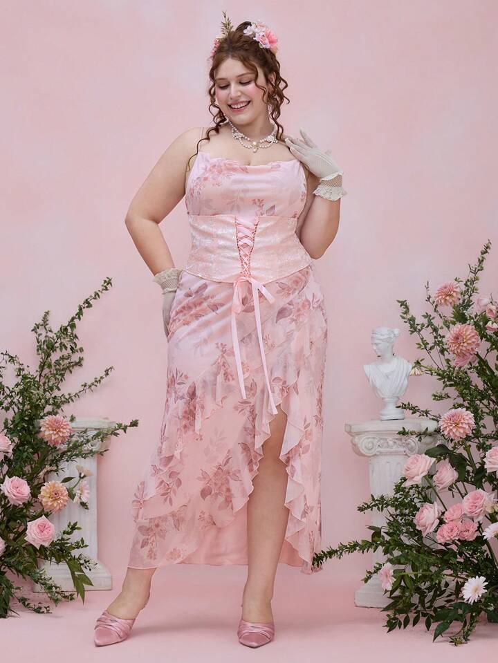 Fairycore Summer Sweet Palace Style Babydoll Loose Collar Asymmetrical Ruffle Hem Plus Size Dress