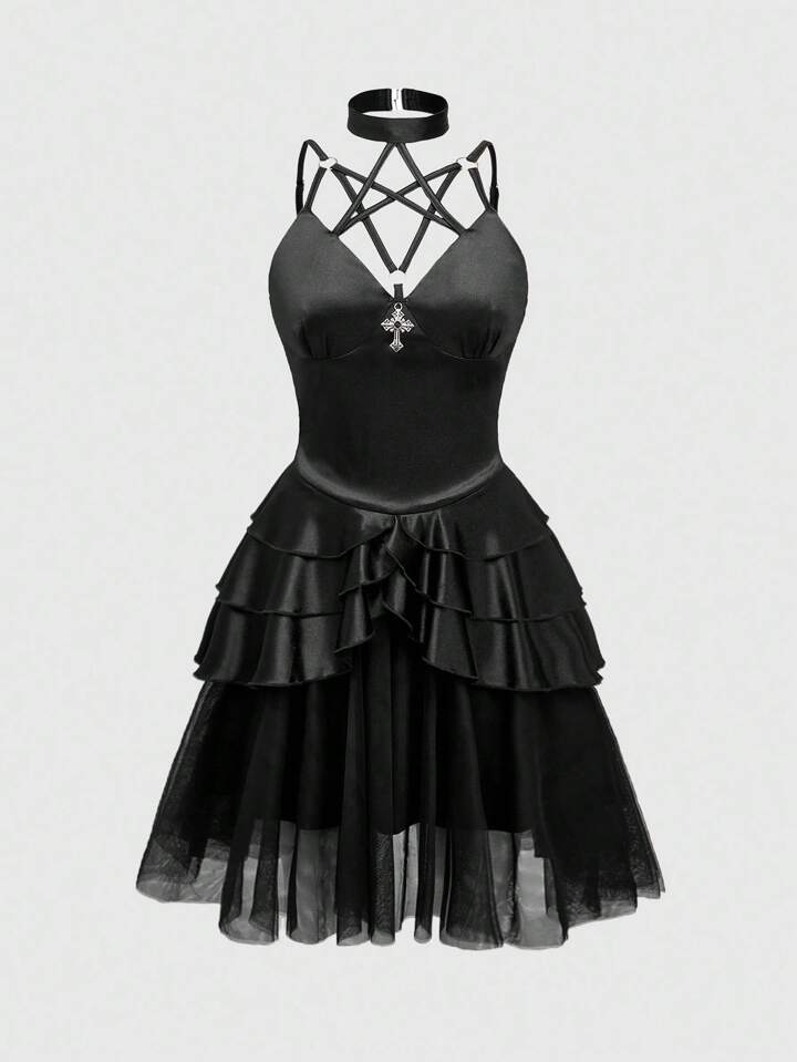EDITION Gothic Graduation Prom Cross Pendant Fitted Tulle A-Line Mini Dress