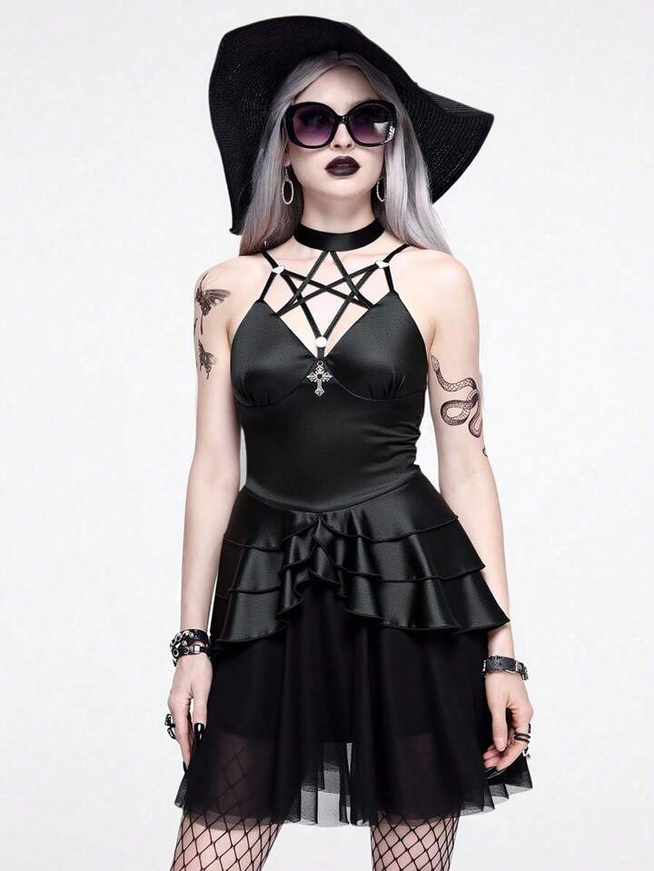 EDITION Gothic Graduation Prom Cross Pendant Fitted Tulle A-Line Mini Dress