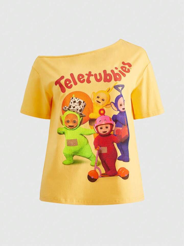 Teletubbies X ROMWE Women's Casual Everyday Commute Fashion Cute Cartoon Letter Print Asymmetrical Neck Loose T-Shirt, Summer