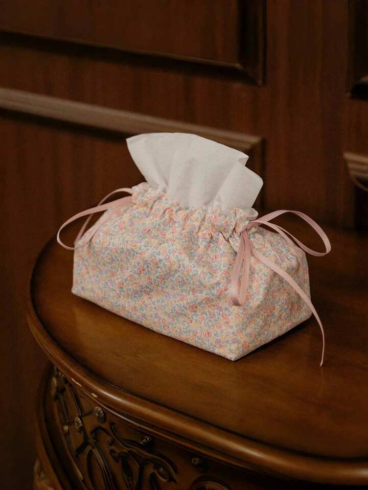 Kawaii 1pc Niche Highly Attractive Fabric Tissue Box,Floral Pastoral Style, Ins Style Car Pumping Carton Living Room Bedroom Multi-Functional Storage Tissue Bag,Home Decor