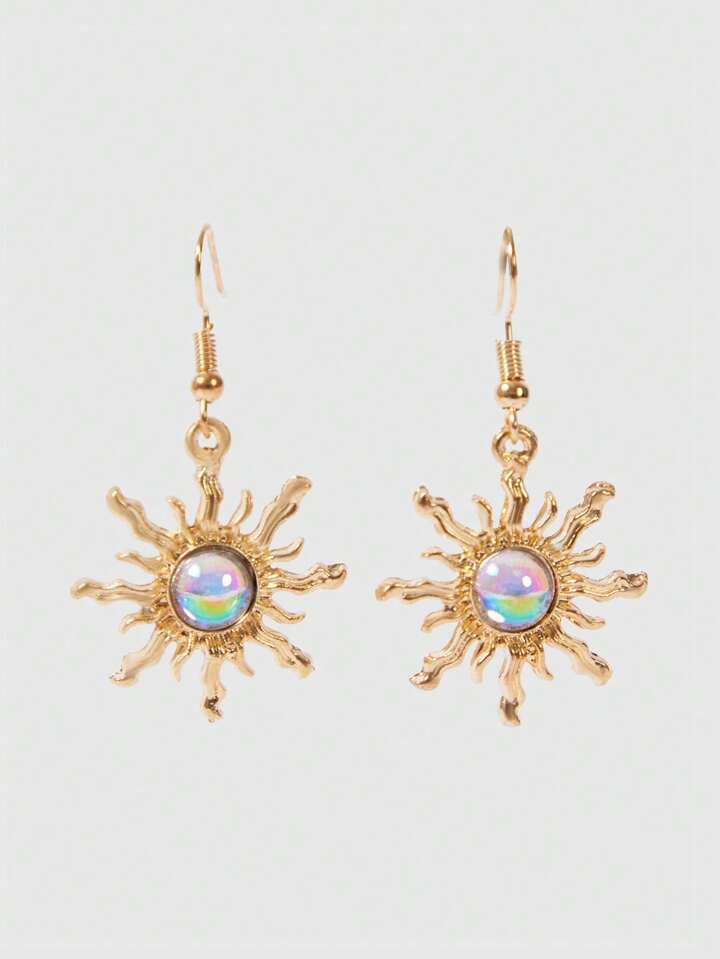 Fairycore Personalized Cold-Tone Gold & Green Sun-Shaped Earrings