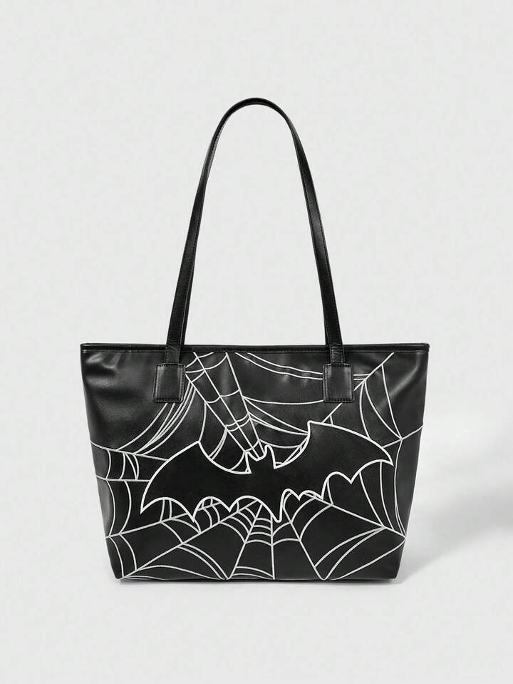 Grunge Punk Women's Vintage Embroidered Bat Versatile Commuter Tote Bag, Large Capacity