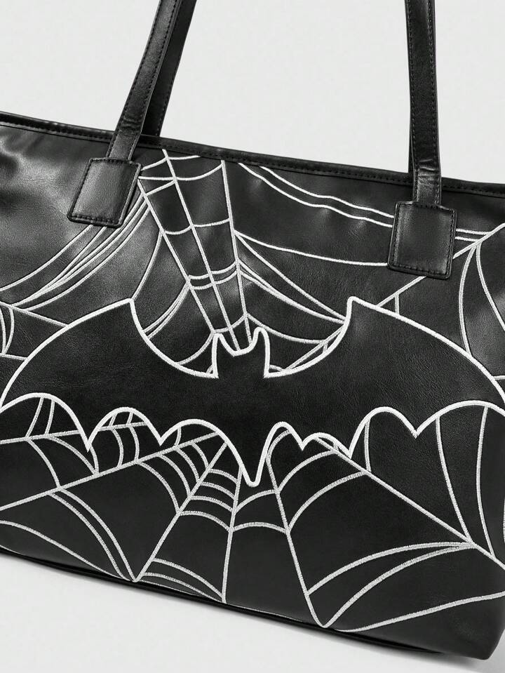 Grunge Punk Women's Vintage Embroidered Bat Versatile Commuter Tote Bag, Large Capacity