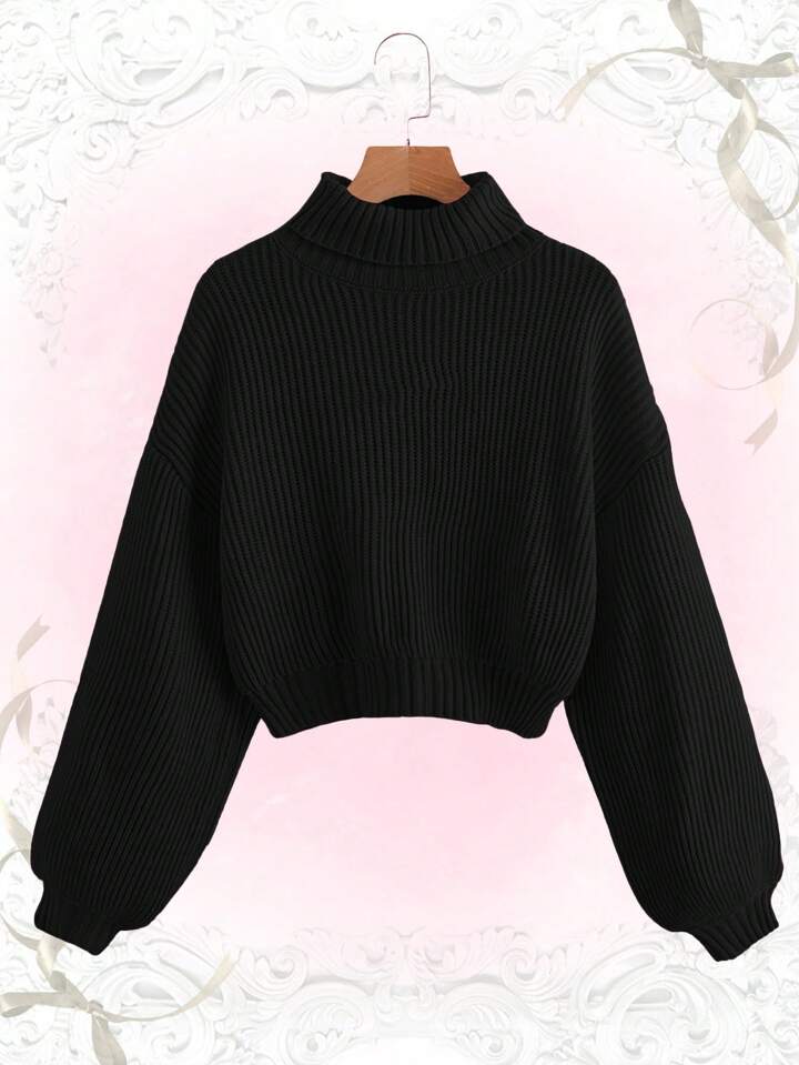 Solid Ribbed Knit Turtleneck Pullover Sweater, Versatile Style, School,Long Sleeve Tops