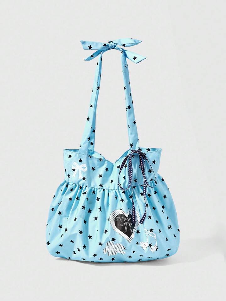 Anime Cute Bow Vintage Heart Shaped Women's Shoulder Bag Minimalist Polka Dot Summer Flower & Music Note Large Capacity Tote Bag, Suitable For Daily Commute And Can Fit Laptop
