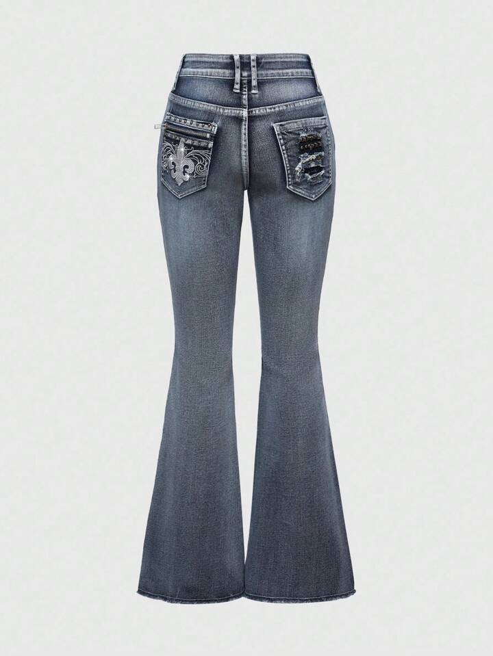 J-Fashion Vintage Y2K Punk Style Low Waist Super Short Zipper Rivet Pocket Embroidered Flare Leg Women Jeans