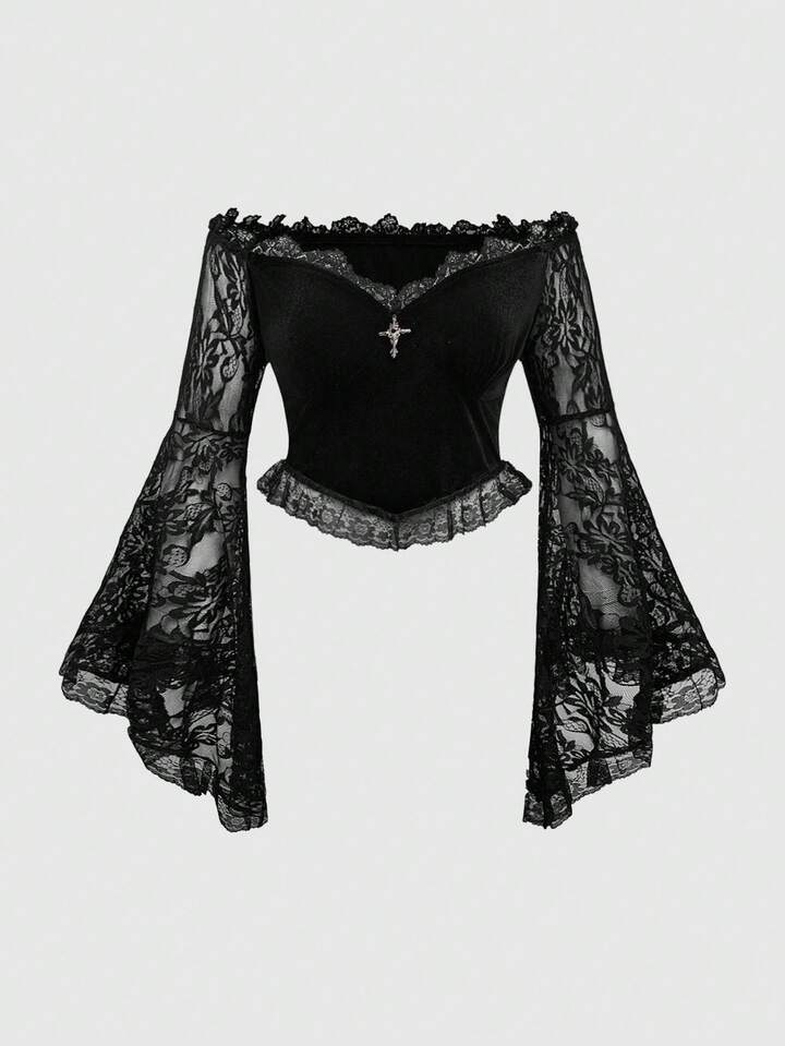 Christmas Gothic Style Off Shoulder Lace Flare Sleeve Velvet Fitted Plus Size Women Top