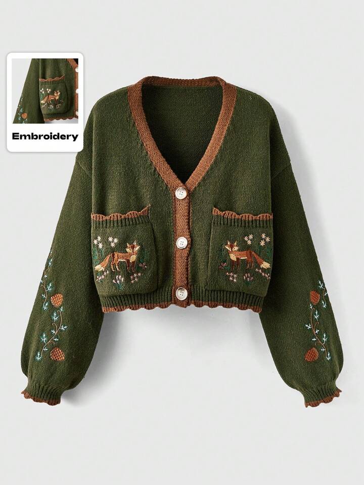 Fairycore Flower Embroidery Patchwork Border Cardigan, School,Long Sleeve Tops