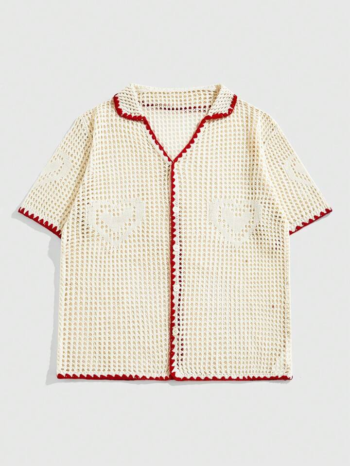 Casual Men's Vacation Polo Neck Hollow Heart Knit Cardigan