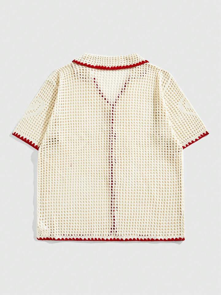 Casual Men's Vacation Polo Neck Hollow Heart Knit Cardigan