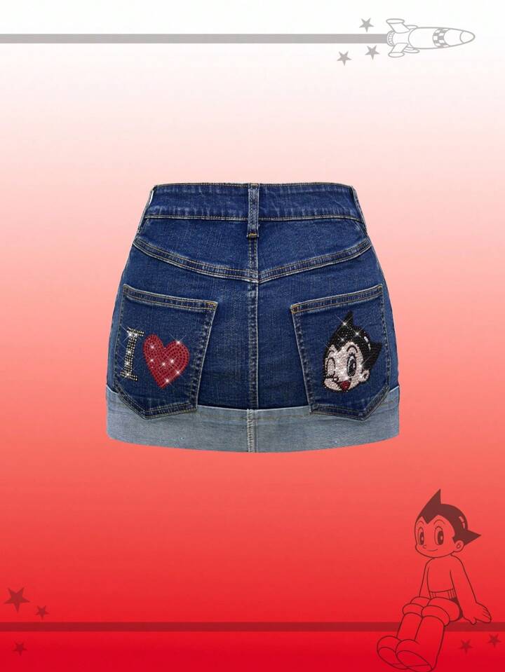 Astro Boy X ROMWE Y2K Retro Cartoon Figure Graphic Streetwear Women's Low Waist Short Bodycon Denim Mini Skirt
