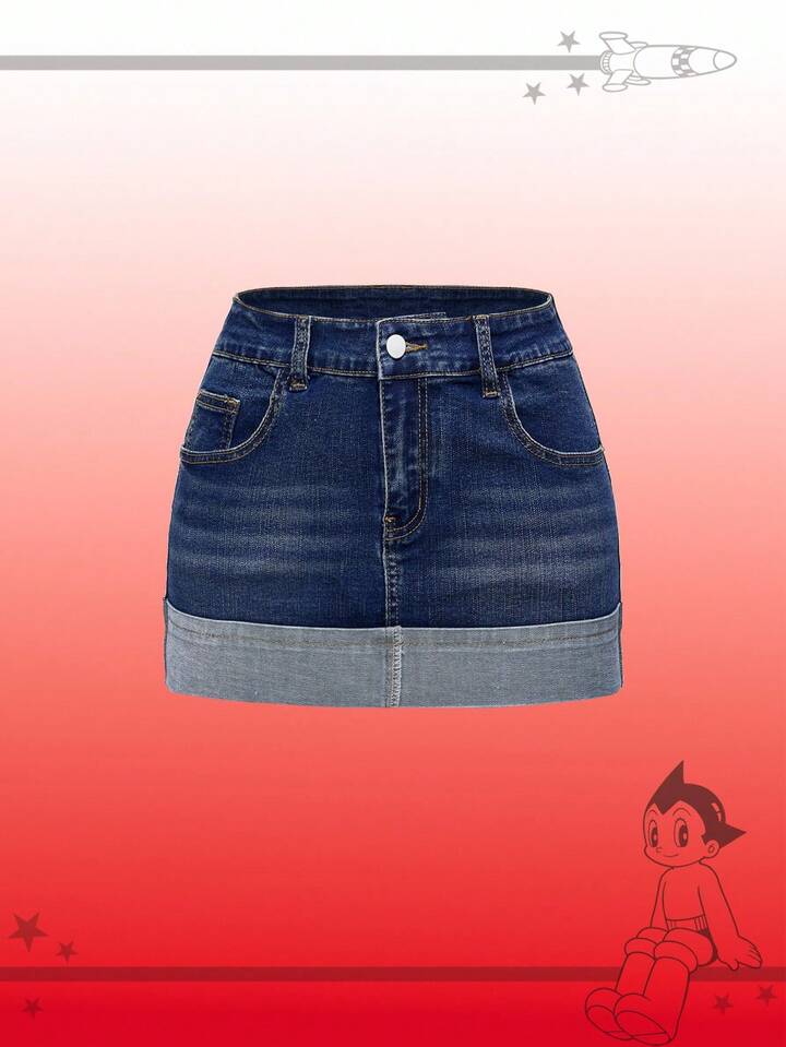 Astro Boy X ROMWE Y2K Retro Cartoon Figure Graphic Streetwear Women's Low Waist Short Bodycon Denim Mini Skirt
