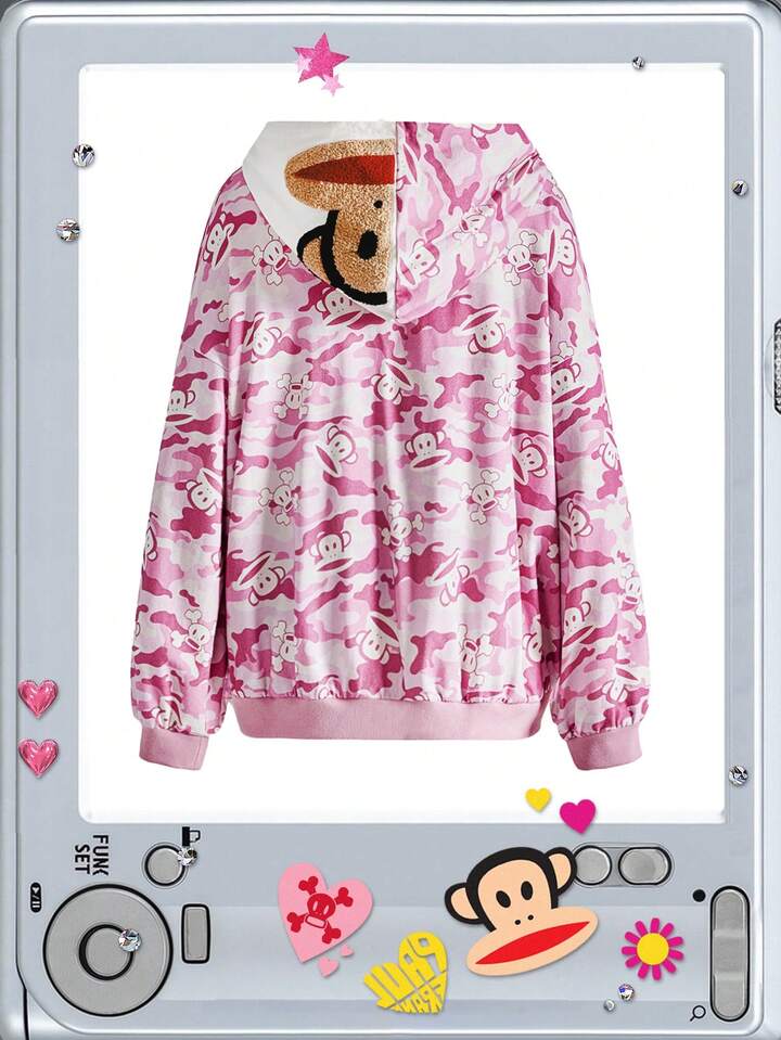 Paul Frank X ROMWE Y2K Kpop Subculture Baddie Streetwear Camo Monkey Allover Print Contrast Loose Fit Hooded Sweatshirt