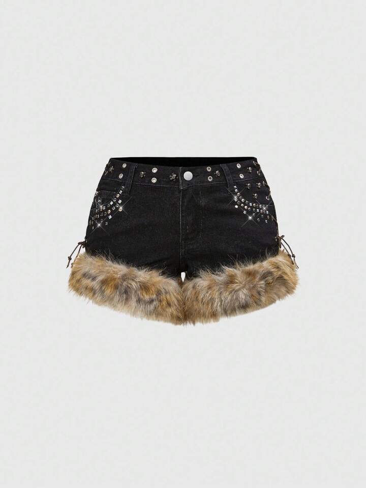 Grunge Punk Y2K Kpop Baddie Skull Studded Frayed Super Low Rise Mini Super Low Waist Denim Shorts