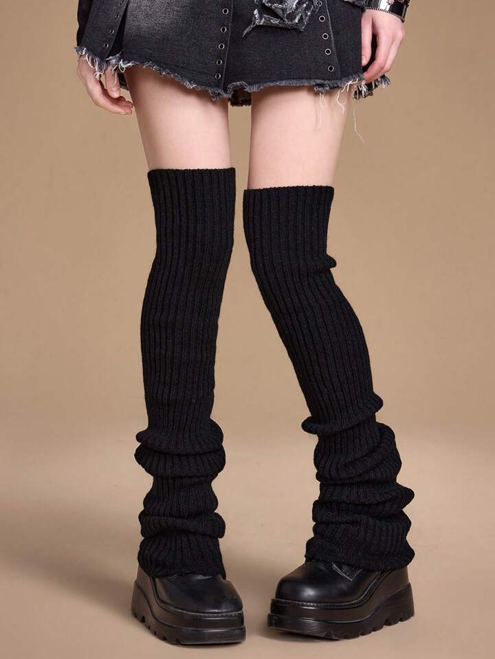 Grunge Punk 1 Pair Women's All-Season Solid Black Vertical Stripe 90cm Knitted Extra Long Leg Warmers