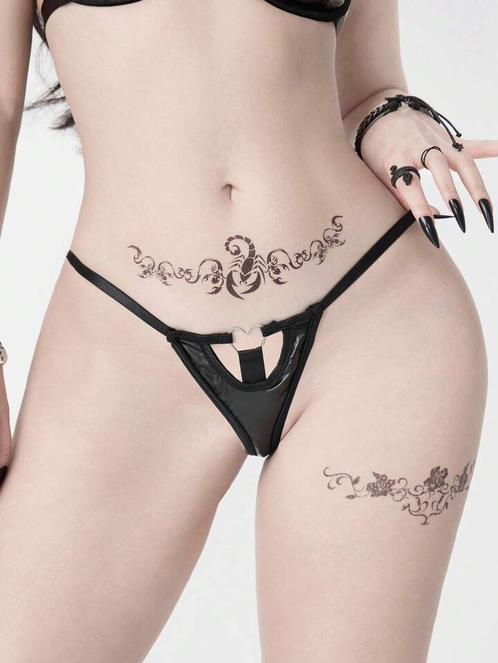 Grunge Punk Women's Dark Punk Heart Metal Buckle PU Thong Panties