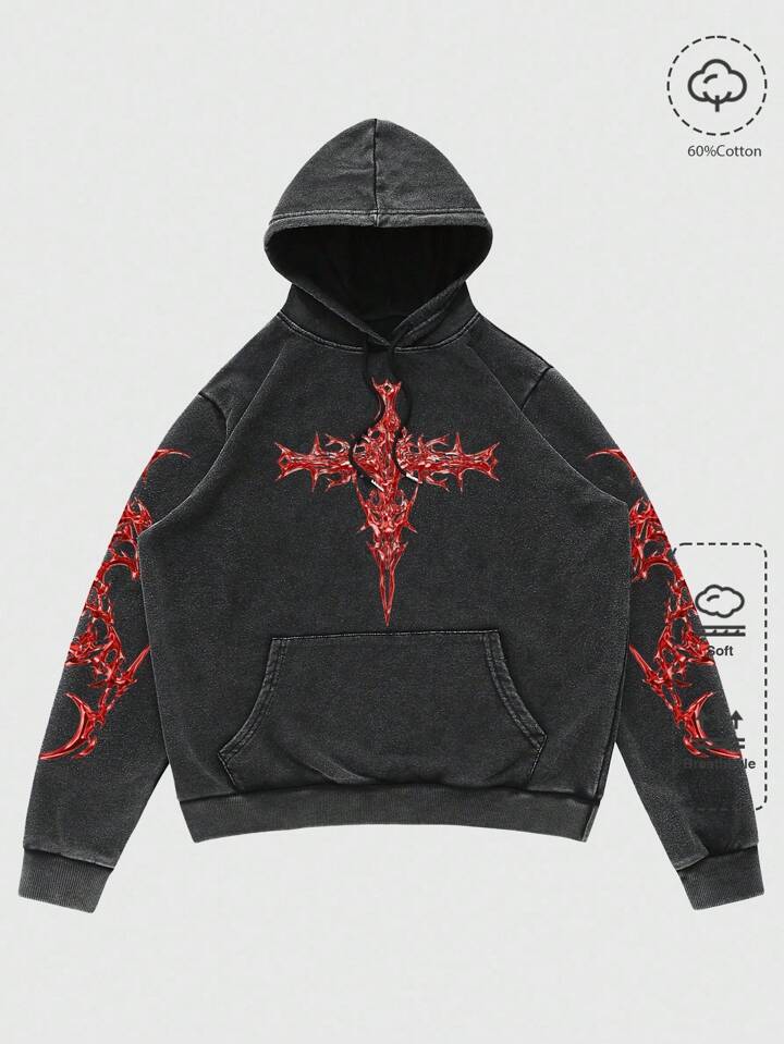 Goth Men's Washed Red Thorn Print Hoodie Sweatshirt