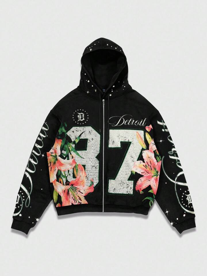 Street Life Men's Street Floral Letter Print Zip Up Front Casual Hooded Sweatshirt , Fall Winter