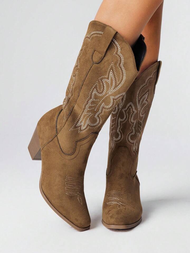 Fairycore Women's Cowboy Boots, Brown Outdoor Casual Fashion Slip-On Embroidered Western Mid-Calf Boots, Spring/Autumn New Arrival For Christmas