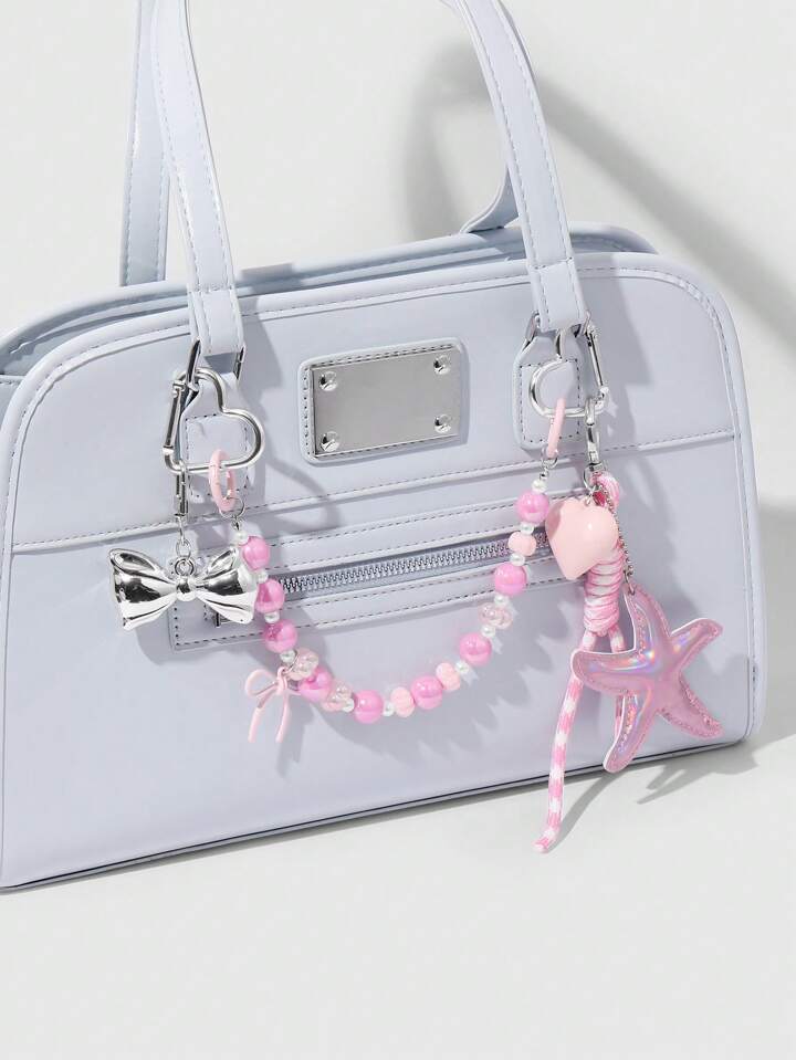 Kawaii 1pc Miu Style Sweet Girl Handmade Beaded Faux Pearl Acrylic Heart, Leather Star, CCB Bow Braided Rope DIY Bag Pendant/Keychain, Suitable For Women/Girls Daily Wear, Holiday Gift