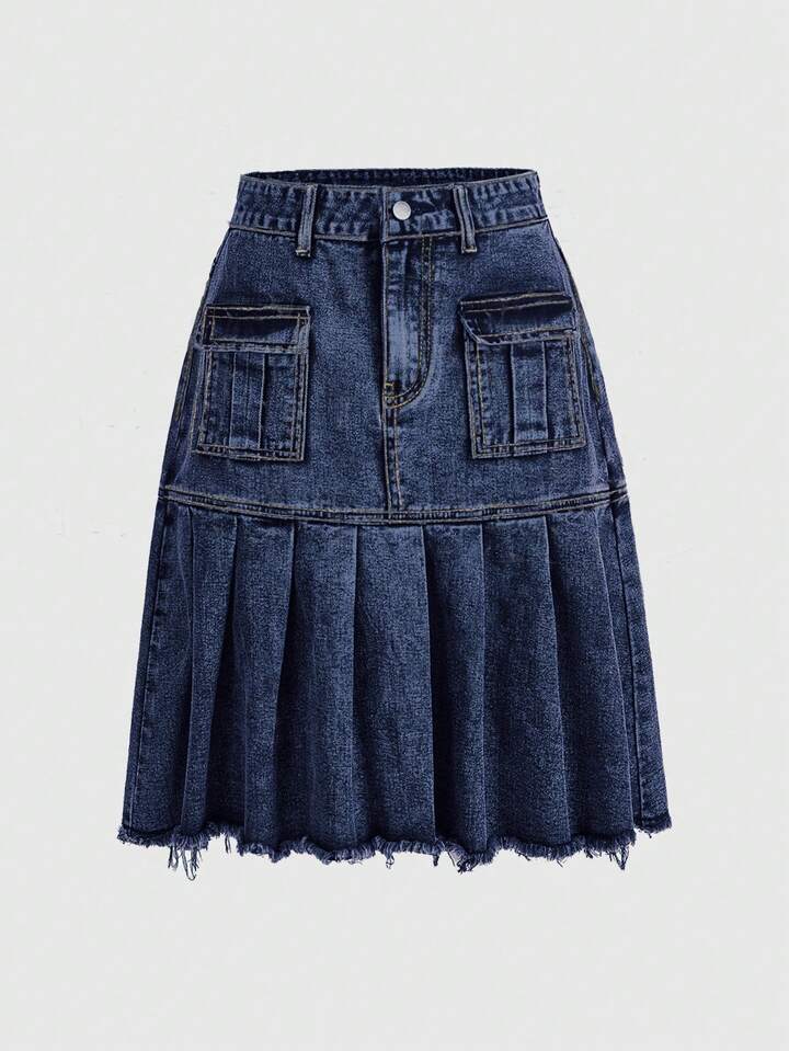 Grunge Punk Flap Pocket Pleated Hem Denim Skirt