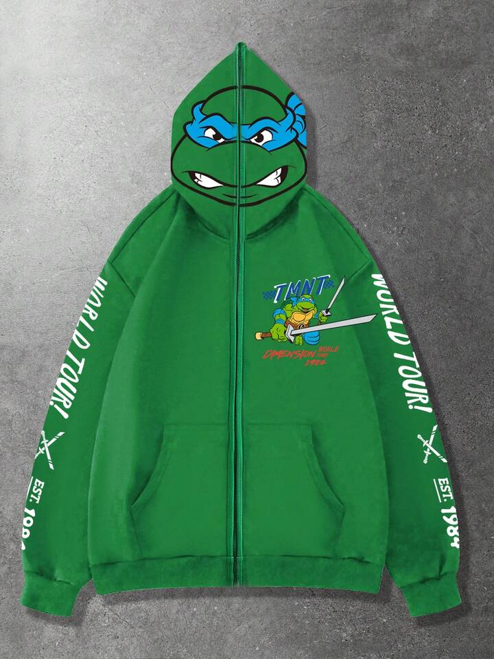 TEENAGE MUTANT NINJA TURTLES X ROMWE Men's Casual Letter & Turtle Print Zip-Up Hooded Sweatshirt, Autumn, Long Sleeve Top