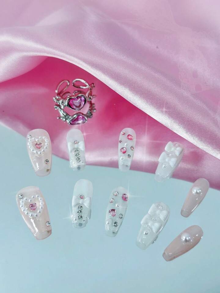 Kawaii Sweet Cute Pink Bowknot Heart French Romantic Square Handmade Fake Nails