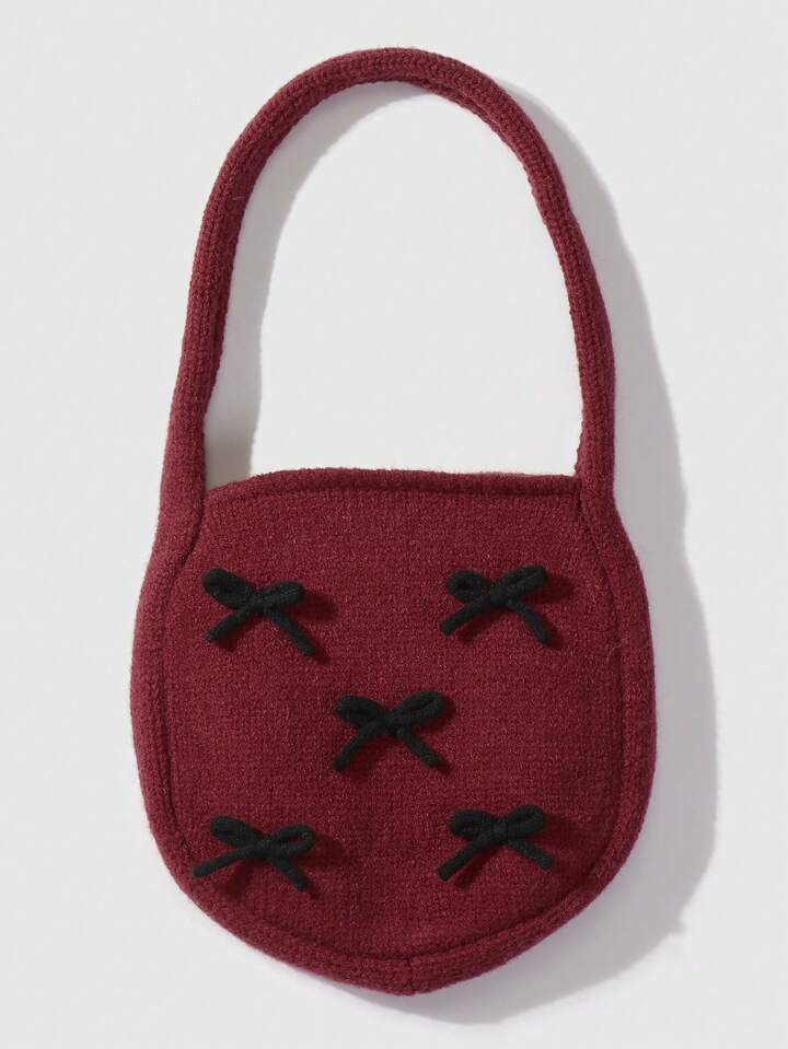 Kawaii 1pc Korean Retro Artistic Style Commuter Gothic Red Knitted Handbag With Bow Decor, Suitable For Women, Daily Carry, Holiday Gift, Halloween