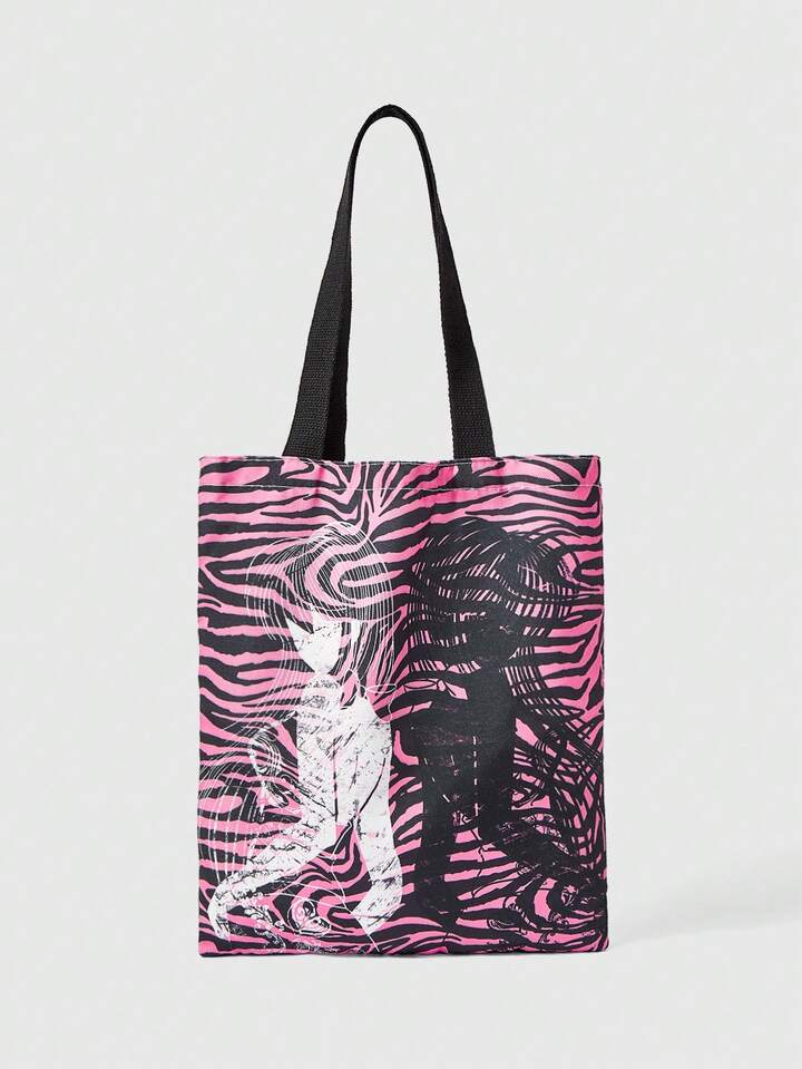 Grunge Punk Reusable Canvas Tote Bag With Allover Print Eye/Moon/Star Pattern, Shoulder Bag Design Suitable For Shopping