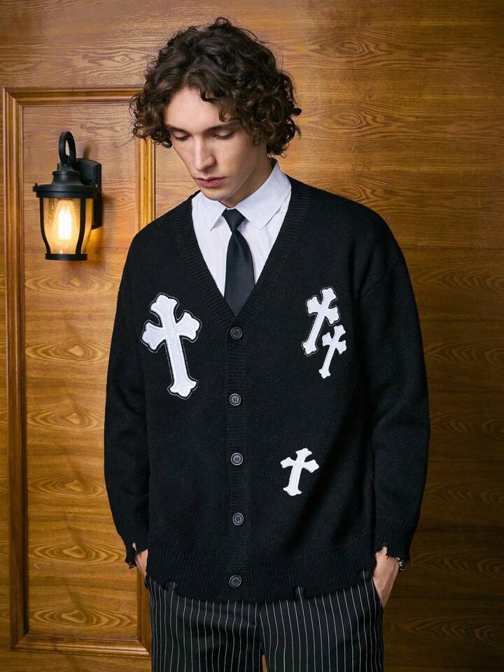 Casual Men Cross Embroidery Drop Shoulder Cardigan For Halloween, School