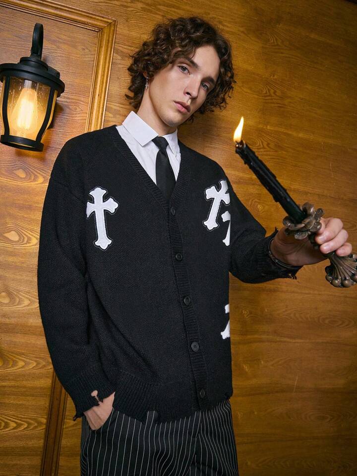 Casual Men Cross Embroidery Drop Shoulder Cardigan For Halloween, School