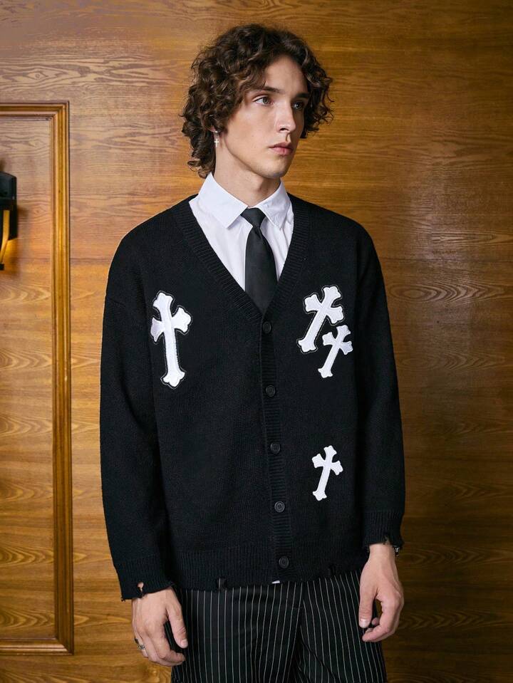 Casual Men Cross Embroidery Drop Shoulder Cardigan For Halloween, School
