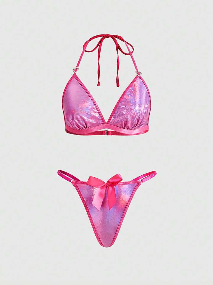 Kawaii Metal Heart Clasp Bow Tie Halter Bra & Thong Lingerie Set, Sexy, For Valentine's Day