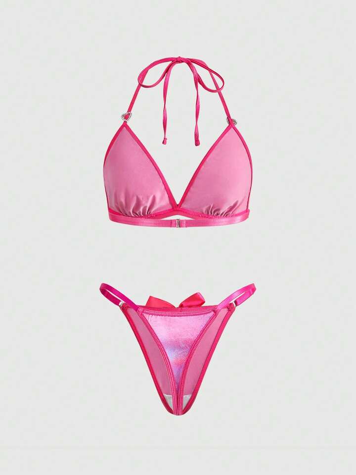 Kawaii Metal Heart Clasp Bow Tie Halter Bra & Thong Lingerie Set, Sexy, For Valentine's Day 2 Kawaii Metal Heart Clasp Bow Tie Halter Bra & Thong Lingerie Set, Sexy, For Valentine's Day