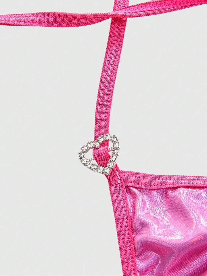 Kawaii Metal Heart Clasp Bow Tie Halter Bra & Thong Lingerie Set, Sexy, For Valentine's Day 4 Kawaii Metal Heart Clasp Bow Tie Halter Bra & Thong Lingerie Set, Sexy, For Valentine's Day