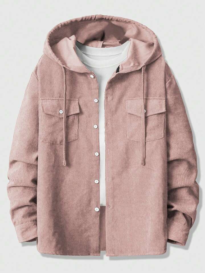 Men's Casual Front Button Drawstring Hooded Long Sleeve Shirt, Autumn
