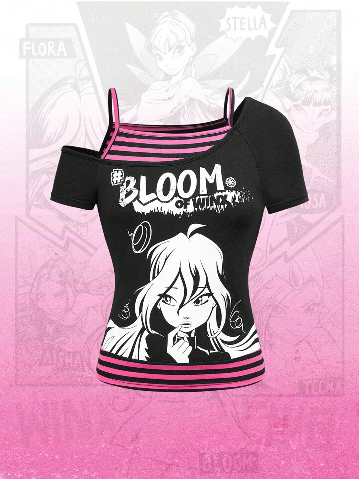 Winx Club X ROMWE Women Asymmetrical Neck Cartoon Graphic T-Shirt