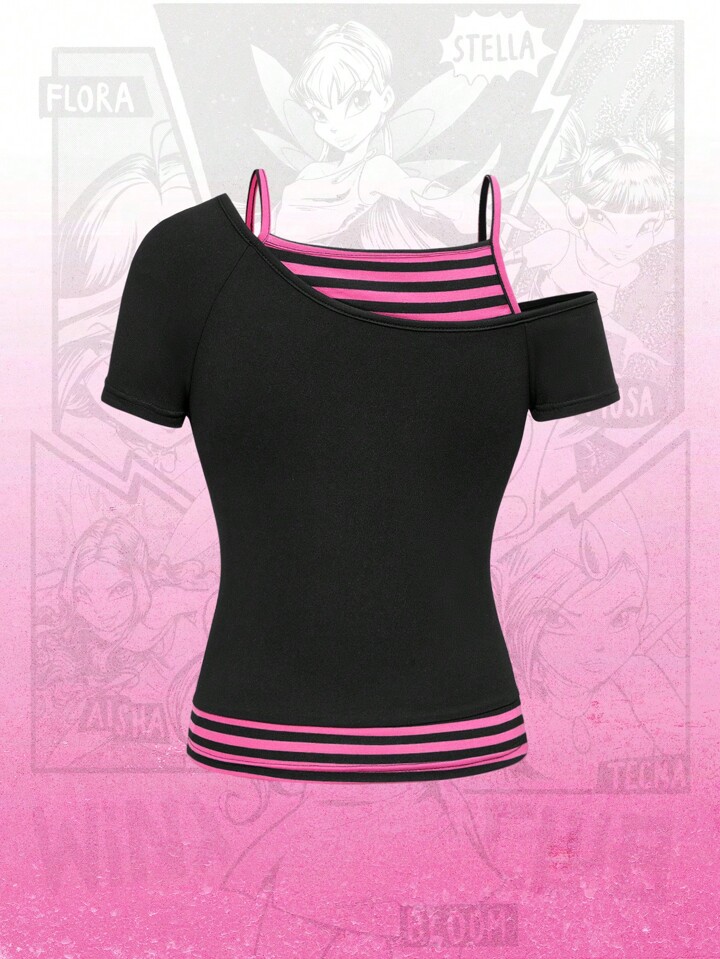 Winx Club X ROMWE Women Asymmetrical Neck Cartoon Graphic T-Shirt