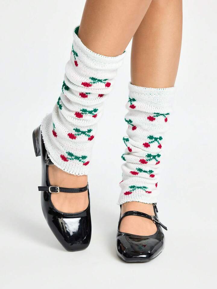 1 Pair Cute Kawaii White Leg Warmers With Multiple Small Cherry Print