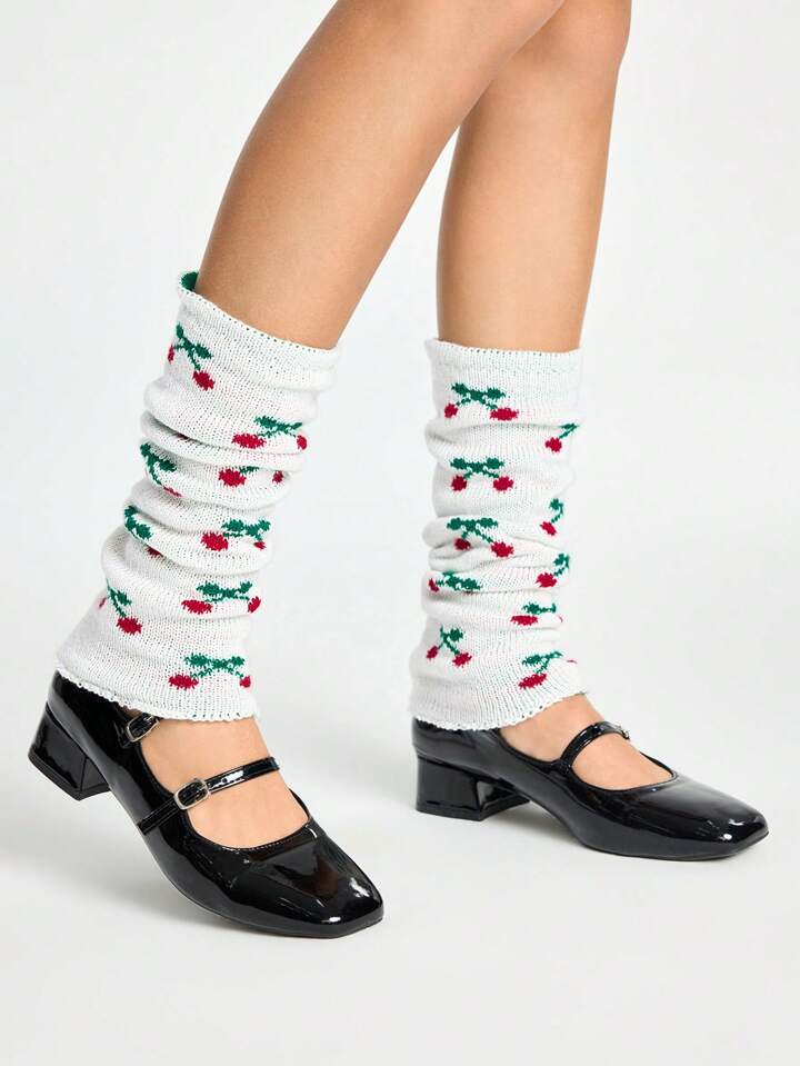 1 Pair Cute Kawaii White Leg Warmers With Multiple Small Cherry Print