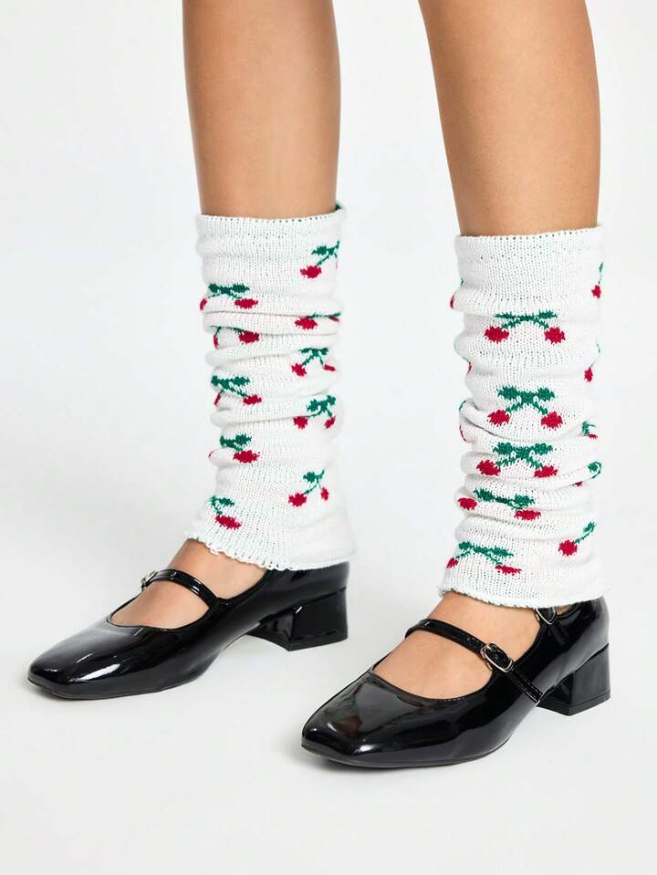 1 Pair Cute Kawaii White Leg Warmers With Multiple Small Cherry Print