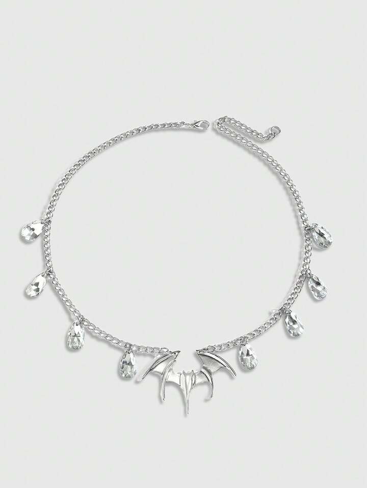 1pc Gothic Style Silver Bat & Water Drop Rhinestone Pendant Necklace, Suitable For Daily Wear, Party, And Gathering