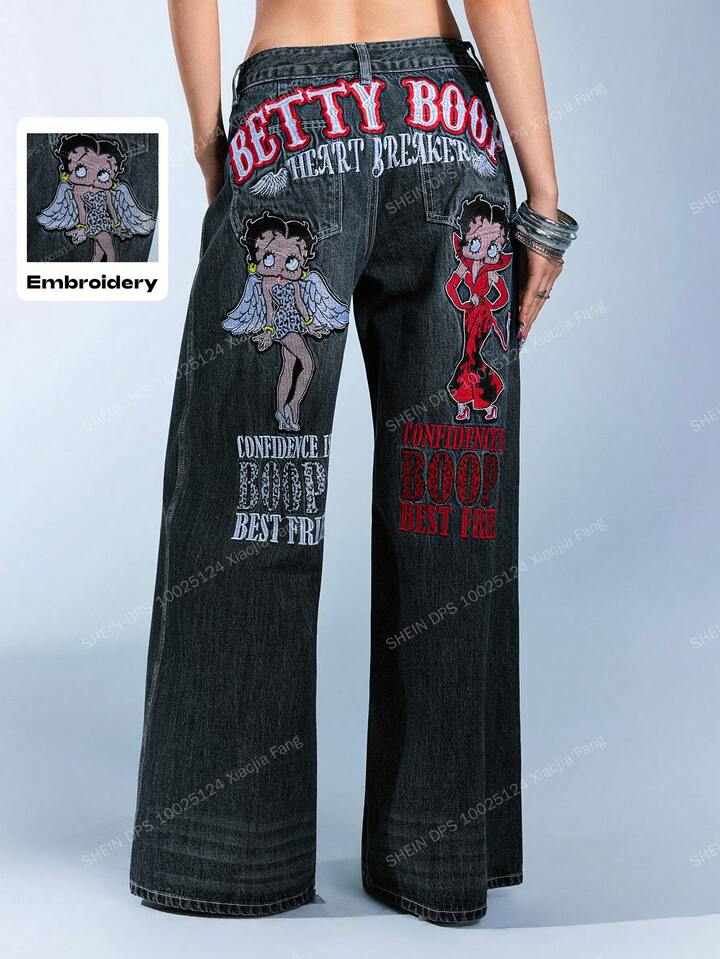 Betty Boop | ROMWE Y2K Retro Streetwear Betty & Letter Embroidery Loose Fit Low Waist Jeans