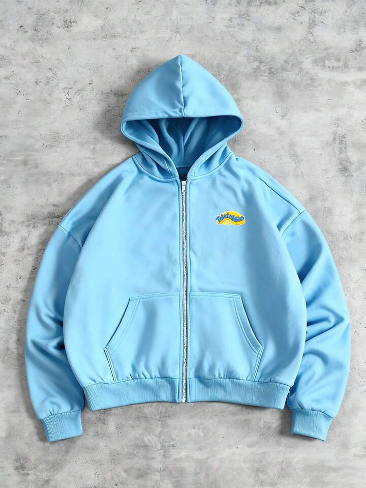 Teletubbies X ROMWE Men's Casual Cartoon Graphic Zip-Up Hooded Sweatshirt, Warm For Daily Commute, Autumn/Winter